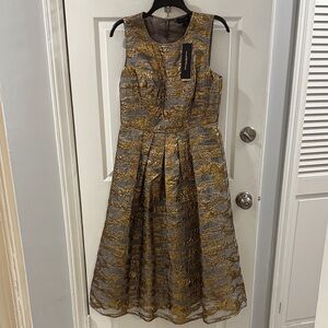 Donna Karan Metallic Gold and Gray Sleeveless Midi Dress